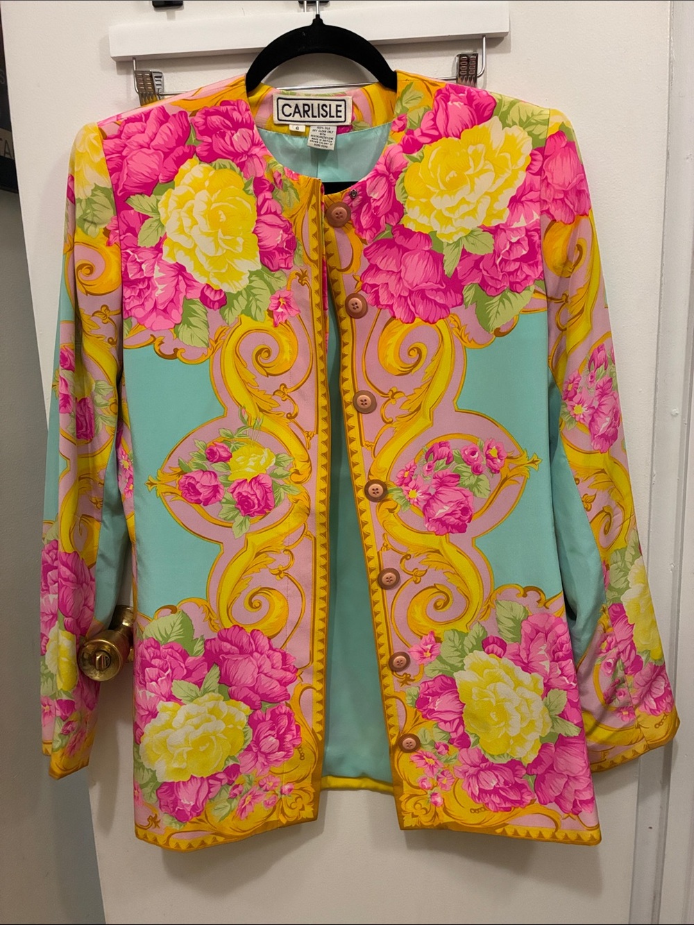 Carlisle Vintage 90s Baroque Floral Button-Front Jacket 100% Silk US6